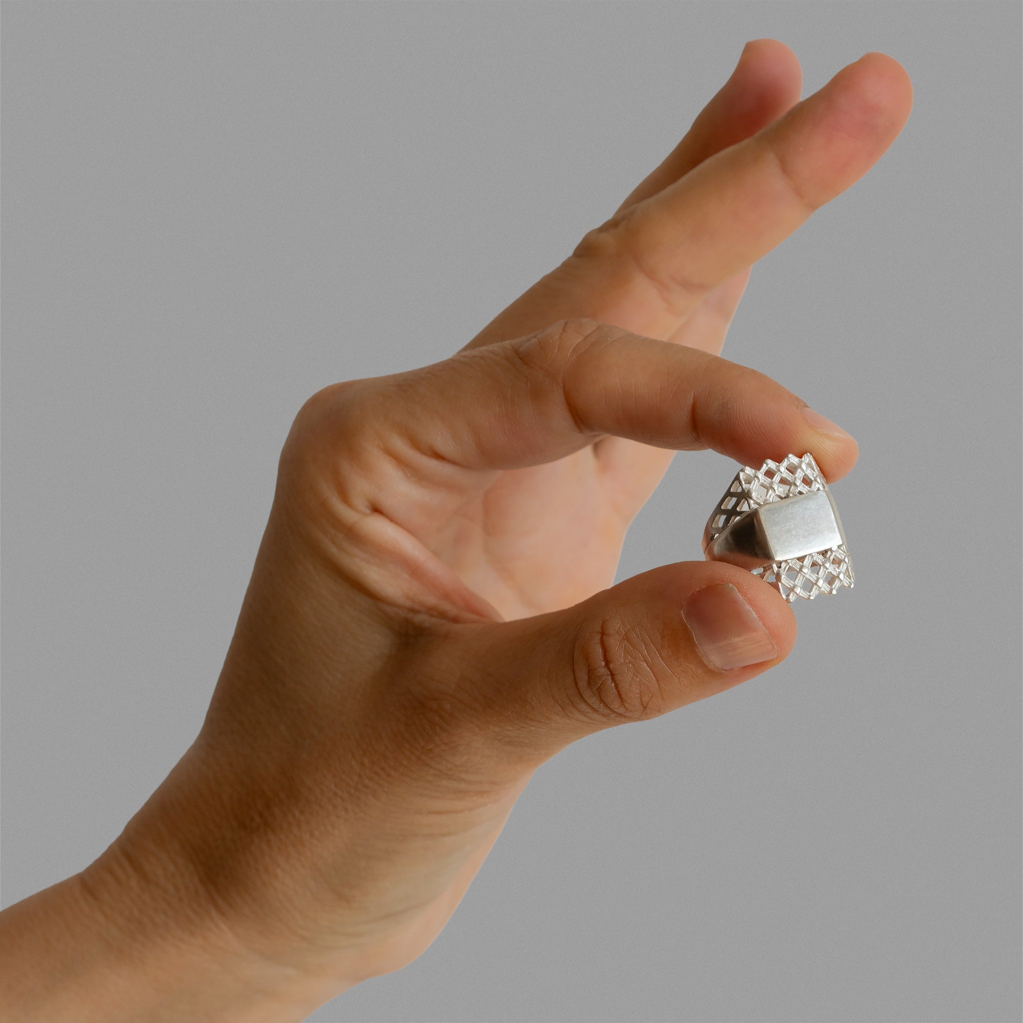 Two halfs of a signet ring and a signet ring.