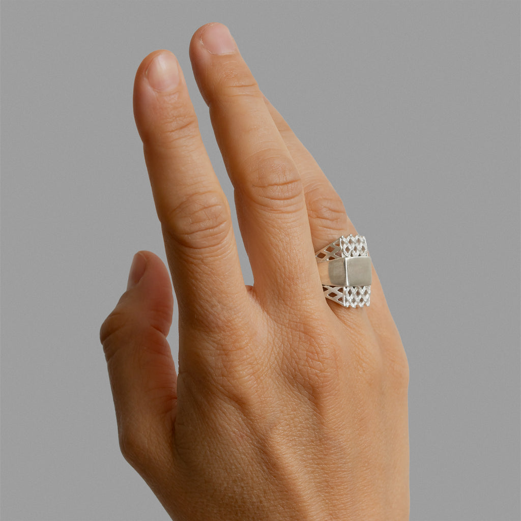 Two halfs of a signet ring and a signet ring.